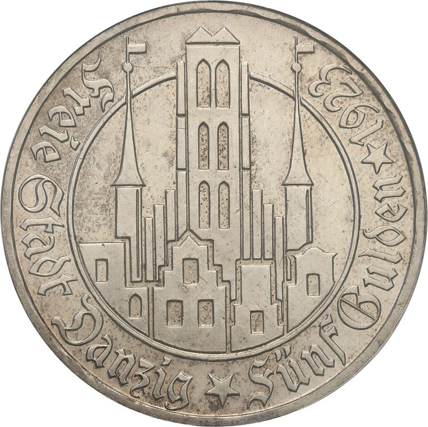 Wolne Miasto Gdańsk/Danzig. 5 Guldenów 1923 Kościół NMP stempel lustrzany NGC PF64